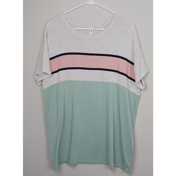 Womens Boutique Designer Color Block Green Gray Pink Stripe Short Sleeves Large - Picture 1 of 6